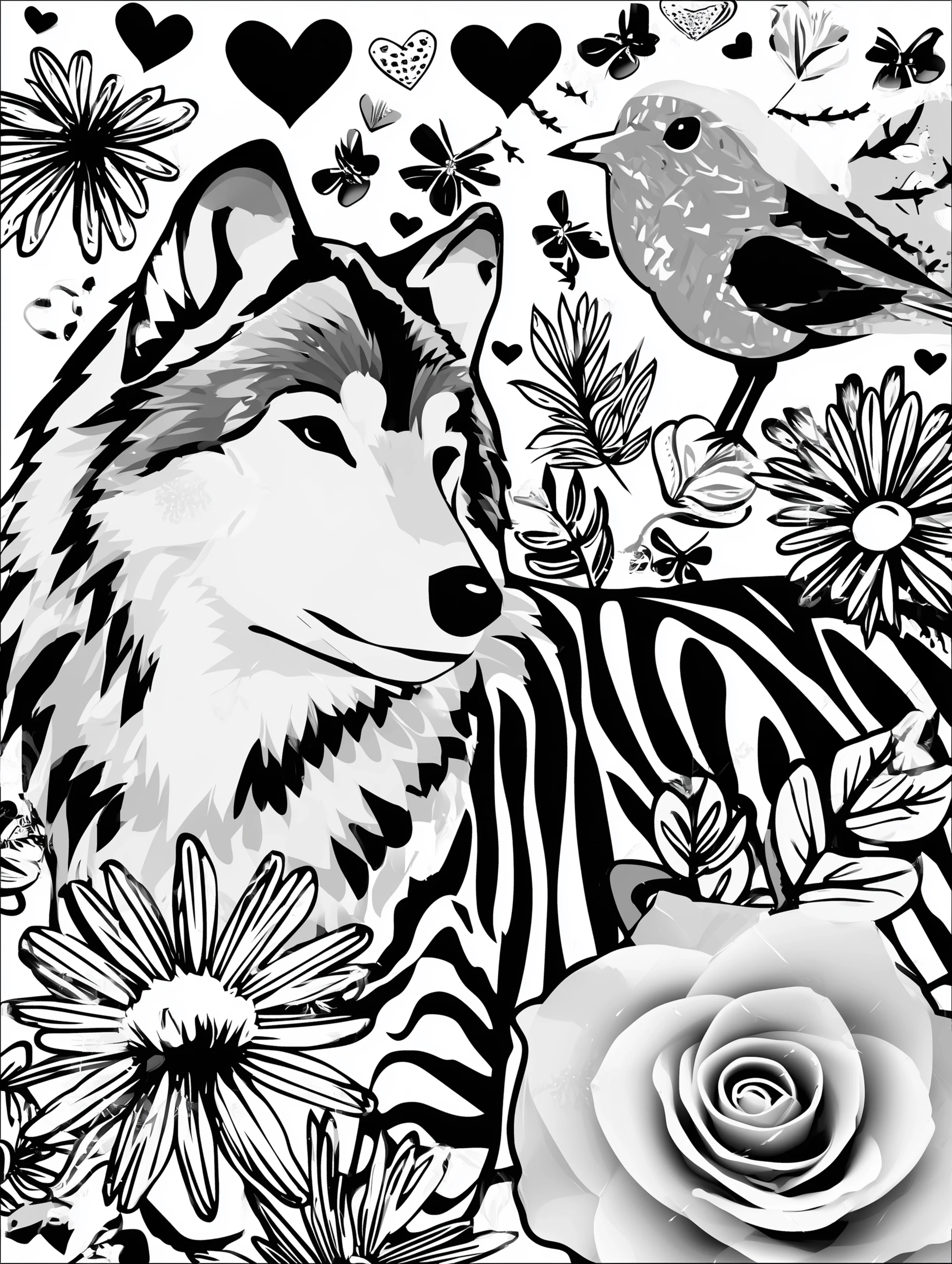Free printable wolf coloring page for adults featuring a bird on a flower near a wolf